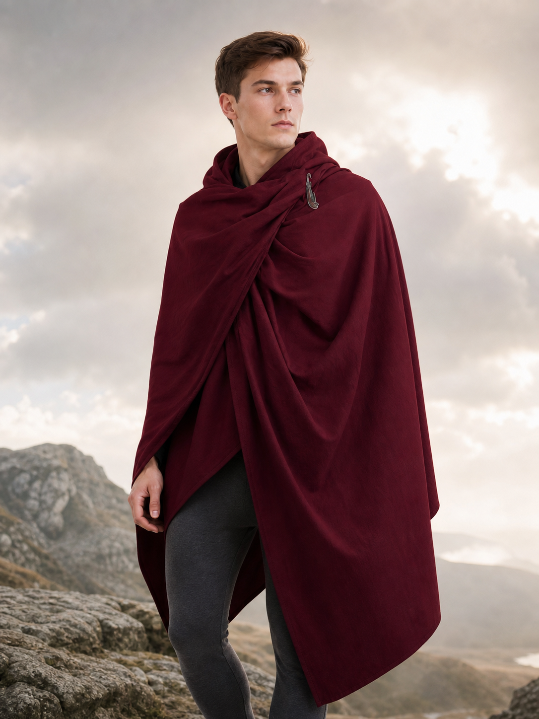 Burgundy Hooded Cape, Metal Clasp