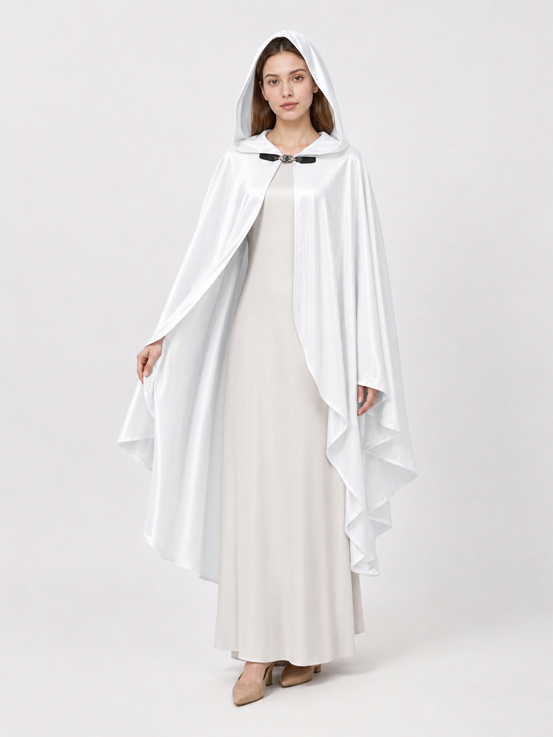 White Hooded Costume Cloak, Flowing Silhouette