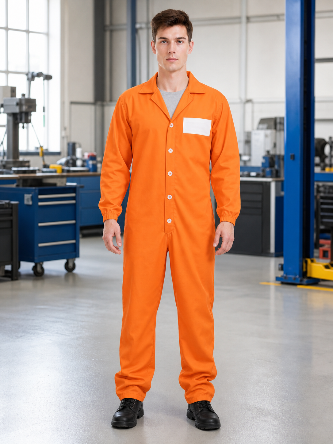 Adult Orange Prisoner-Style Costume Jumpsuit, Long Sleeve One-Piece Uniform with Pointed Collar, Front Buttons and Chest Patch for Costume Parties