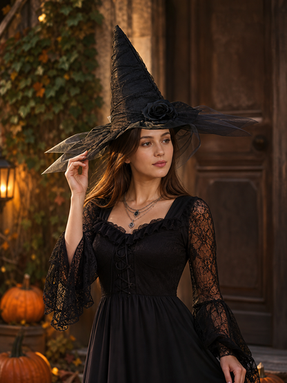 Black Halloween Witch Hat with Black Rose, Tall Pointed Wide Brim Mesh Costume Hat for Gothic Parties and Decorations