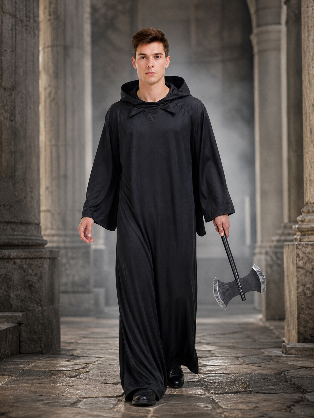 Dark fantasy costume with hood and axe lifestyle view 2