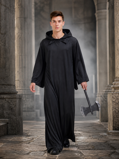 Dark fantasy costume with hood and axe lifestyle view 2
