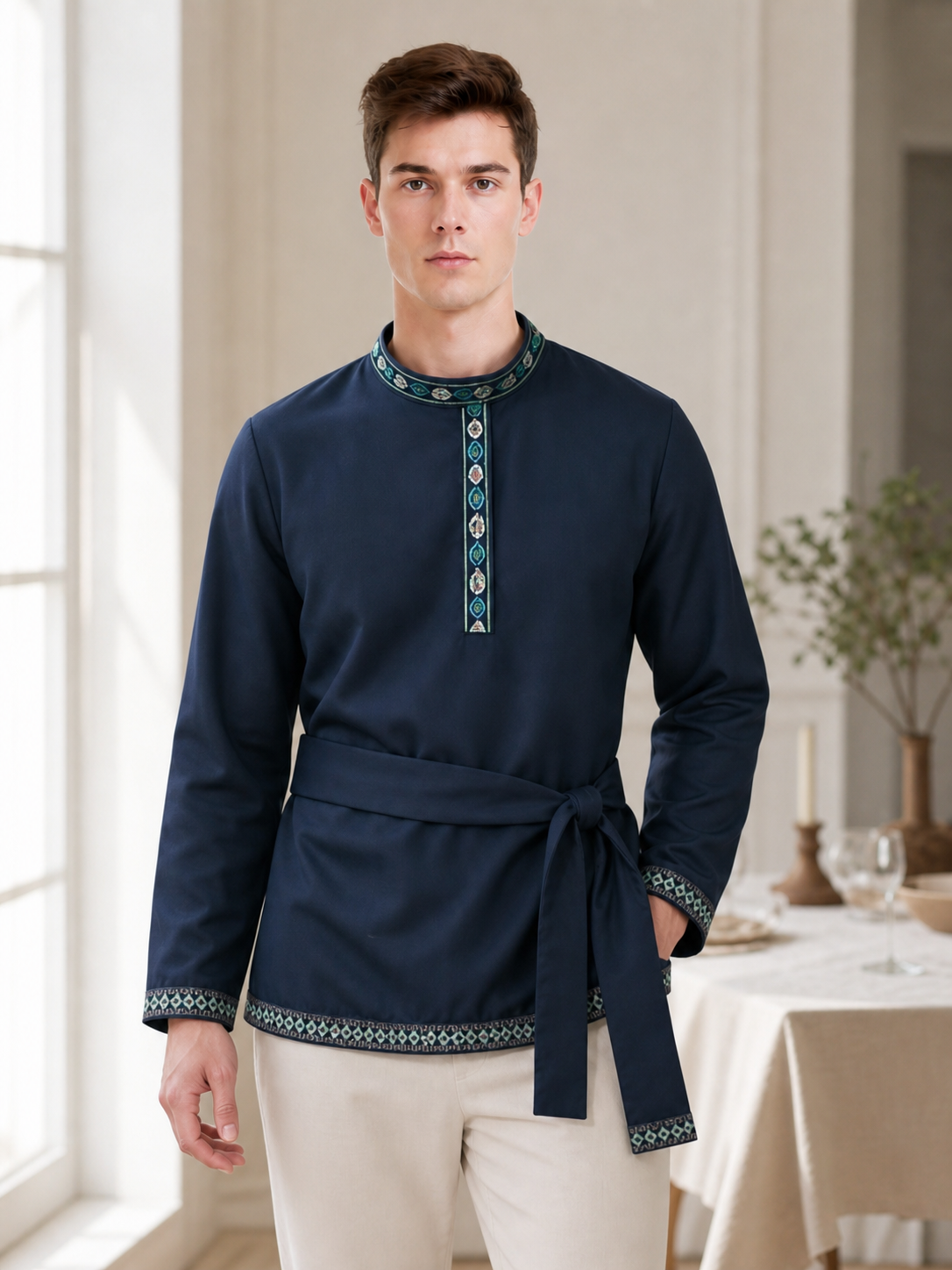 Tunic with a Belt and Embroidery, Dark Blue