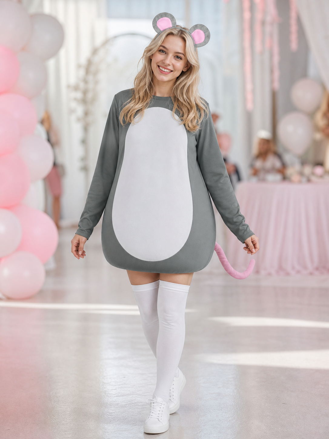 Adult Gray Mouse Costume Set with White Belly, Pink Tail and Mouse-Ear Headband for Costume Parties, Cosplay and Themed Events