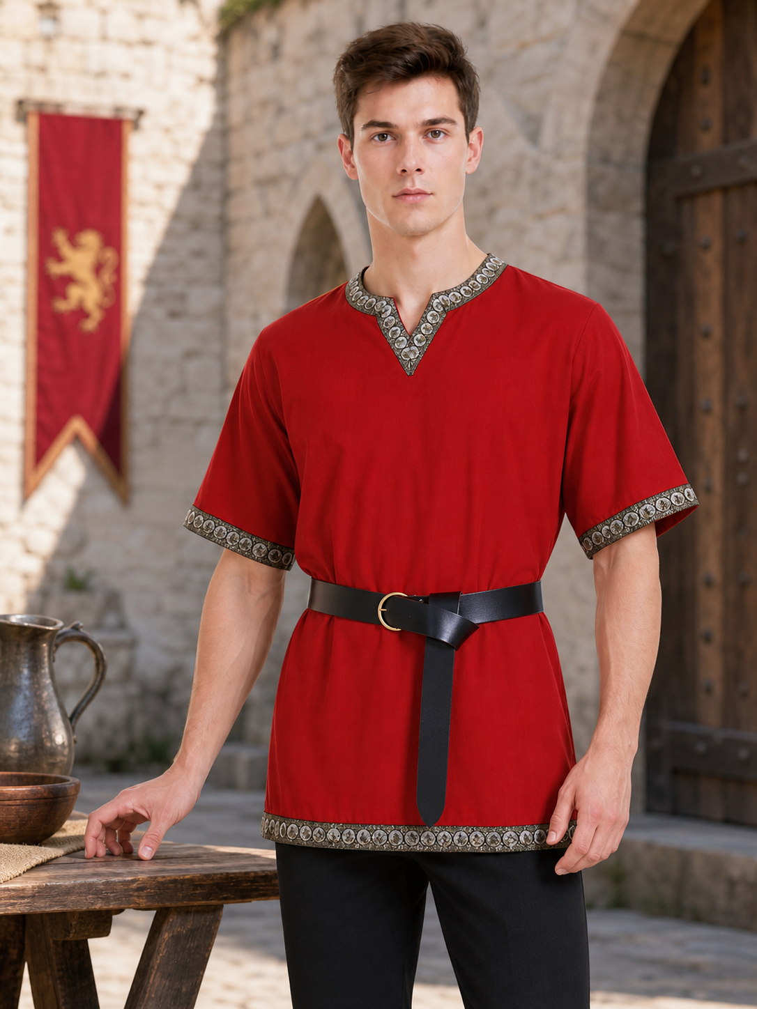 Red Tunic with Belt and Medieval-Style Trim