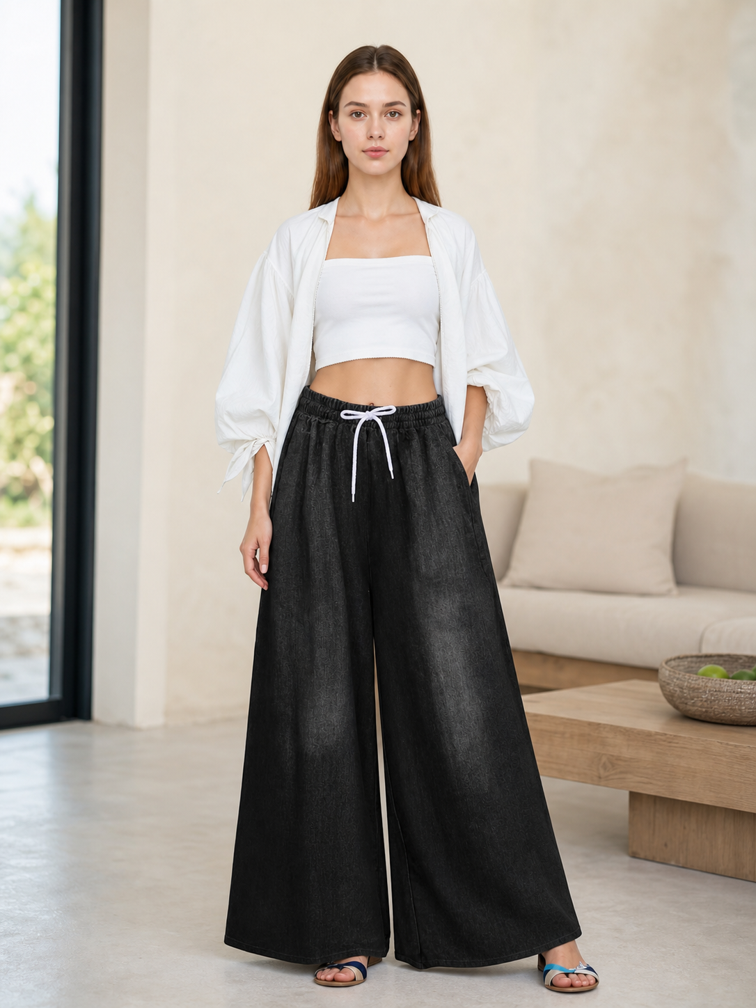 Solid Black Wide-Leg Pants with Elastic Waist and Contrast White Drawstrings lifestyle view
