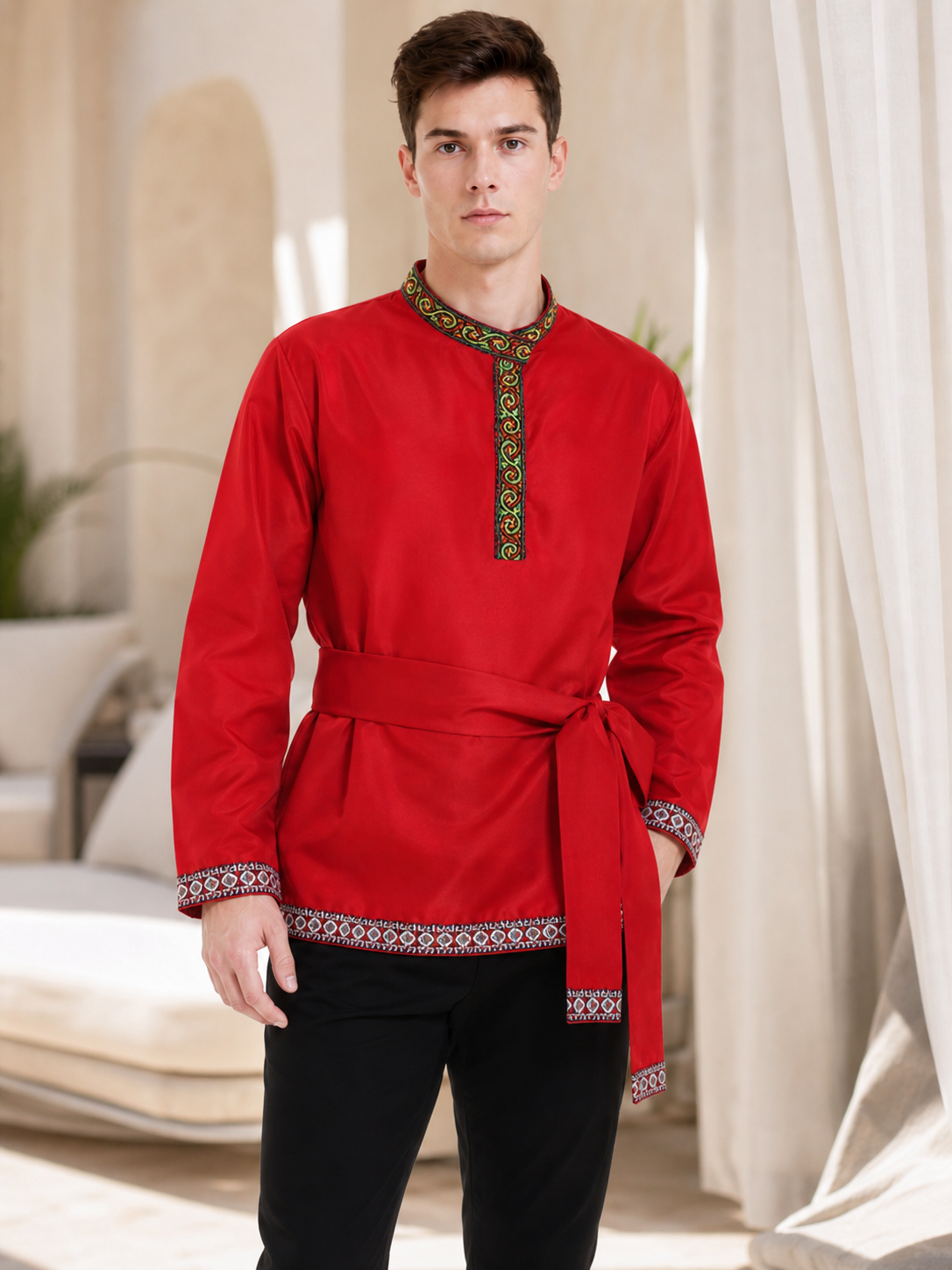 Embroidered Tunic with Stand Collar and Belt