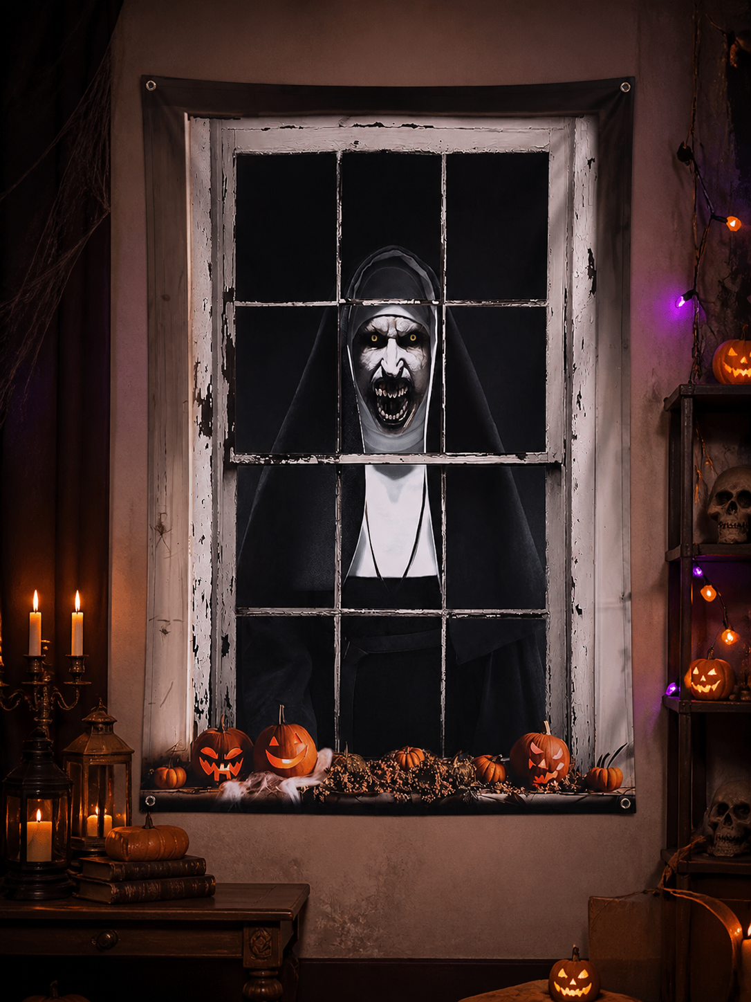 1pc Horror Nun Pattern Wall Cloth, Creepy Window Scene Backdrop Banner, Black lifestyle view 3