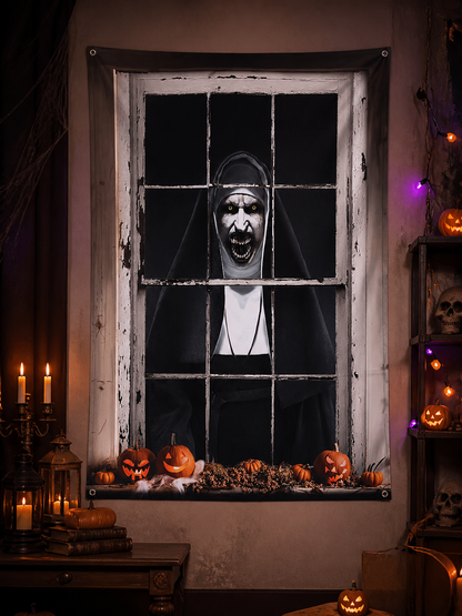 1pc Horror Nun Pattern Wall Cloth, Creepy Window Scene Backdrop Banner, Black lifestyle view 3