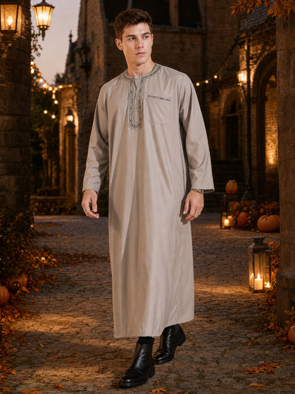 Modest Traditional Long Embroidered Robe, Loose Full-Length Design, Long Sleeves, Collarless Round Neck, Religious and Cultural Wear