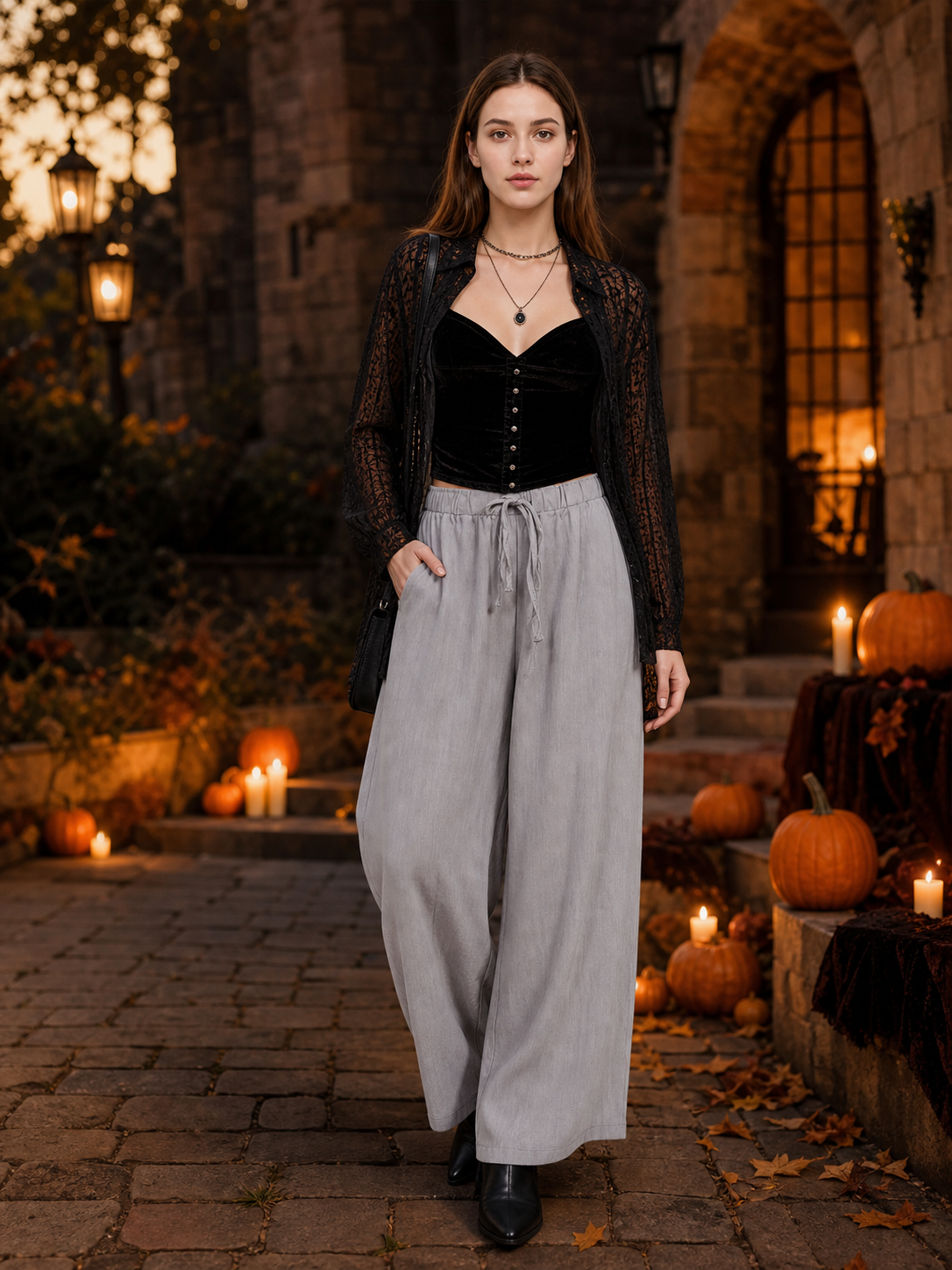 Gray wide-leg jeans with a drawstring and elastic waistband lifestyle view 3