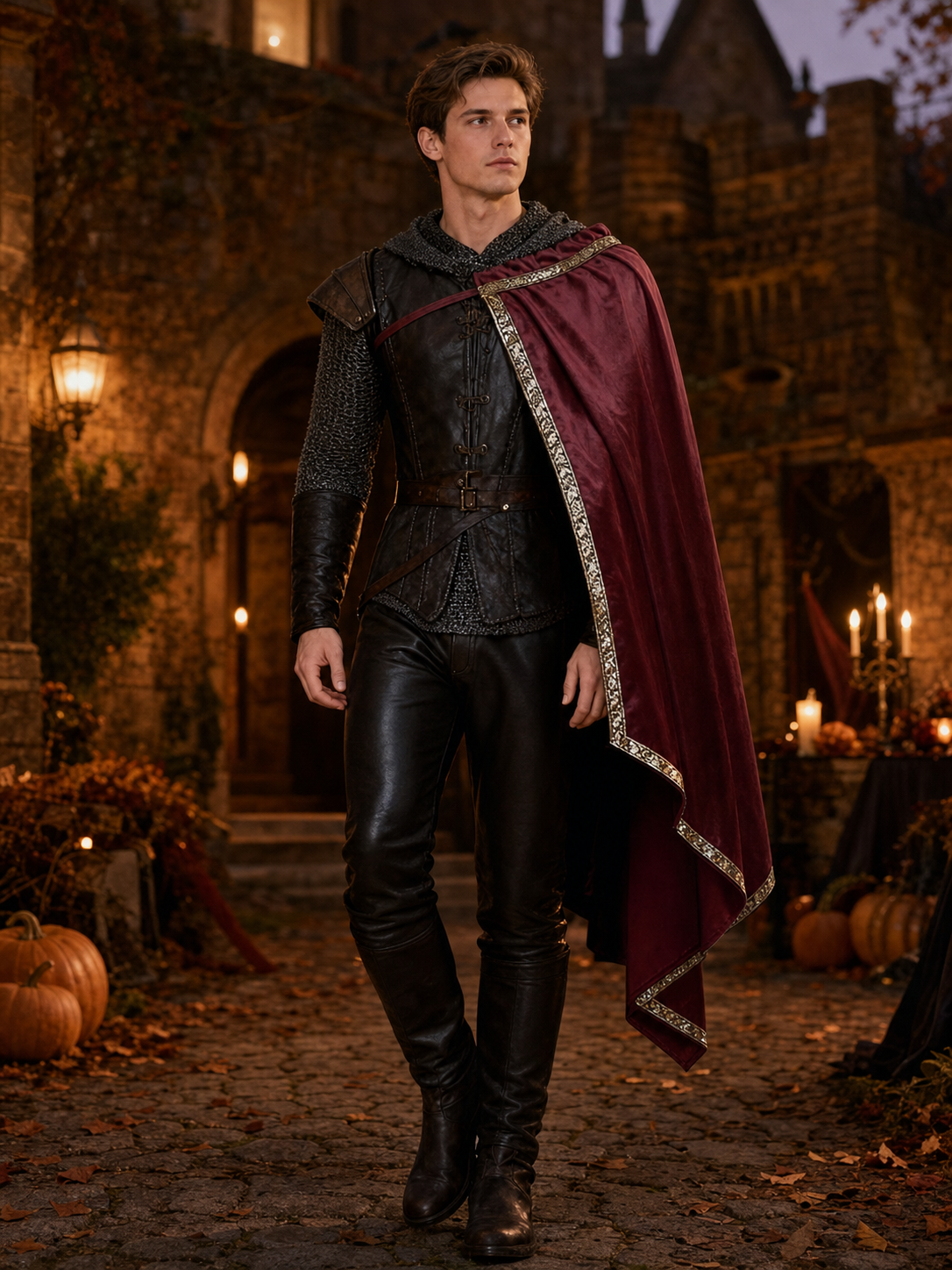 Burgundy velvet-look hooded costume cape product view 29
