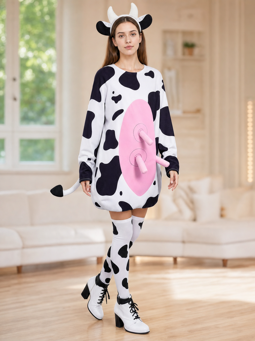 Adult Cow Costume with Headband, Tail, and Leg Warmers
