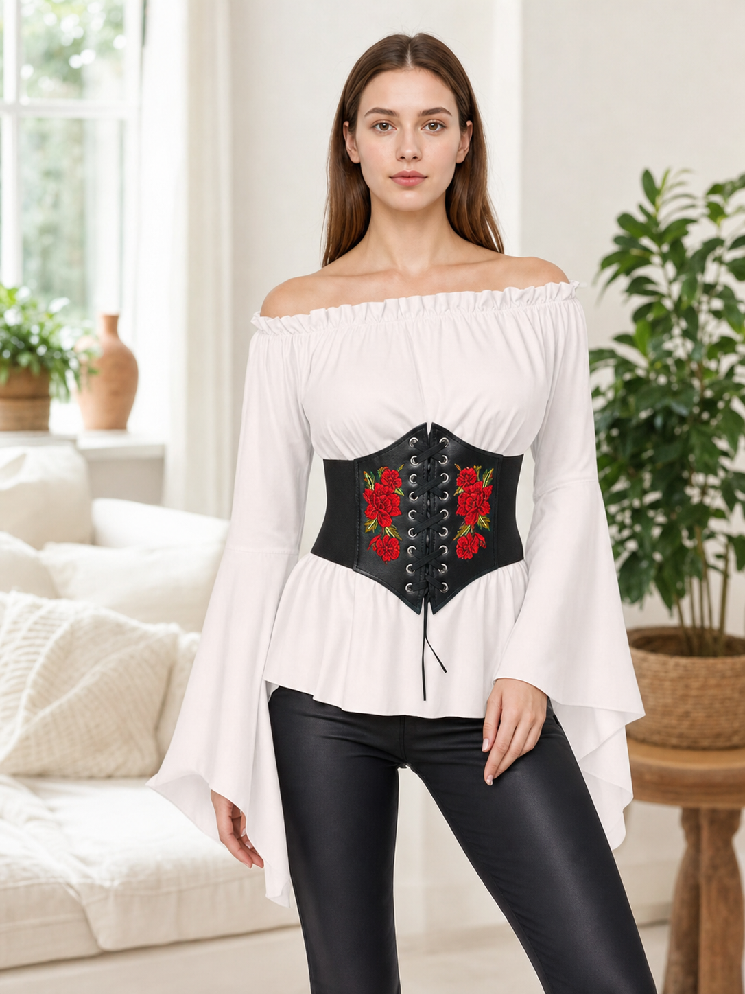 Vintage-Style Blouse with Embroidered Belt