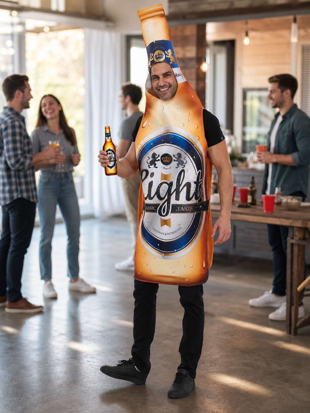Beer bottle costume for themed celebrations and parties