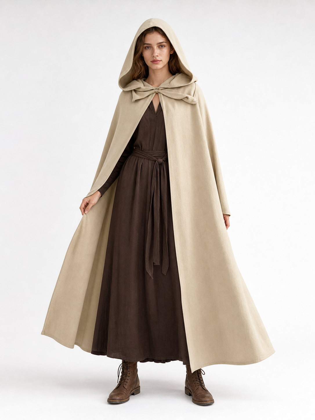 Medieval Hooded Cloak, Pointed Hood Full-Length Draped Cape in Khaki for Cosplay, Fantasy Costumes and Historical-Style Outdoor Outfits