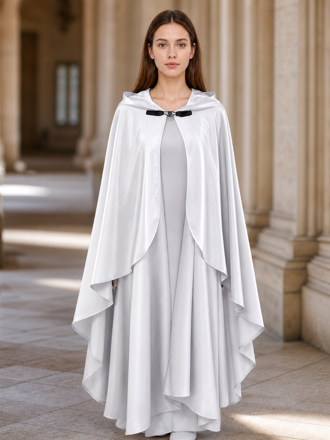 White Hooded Costume Cloak, Flowing Silhouette