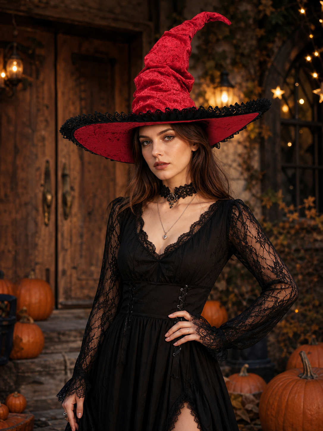 Red and Black Wide Brim Witch Hat, Tall Curved Pointed Top with Black Lace Trim lifestyle view 2