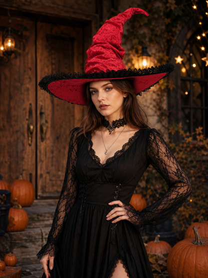 Red and Black Wide Brim Witch Hat, Tall Curved Pointed Top with Black Lace Trim lifestyle view 2
