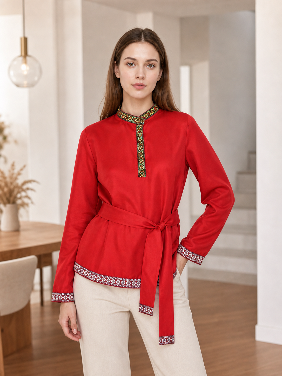 Red Tunic with Ornament, Stand-Up Collar, and Belt