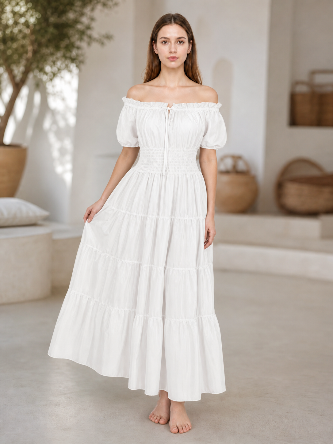 White Off-the-Shoulder Tiered Maxi Dress
