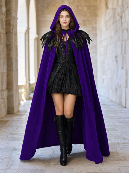 Purple hooded feather-trimmed velvet cape product view 31