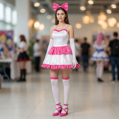 White Mima cosplay dress with pink ruffles and a bow
