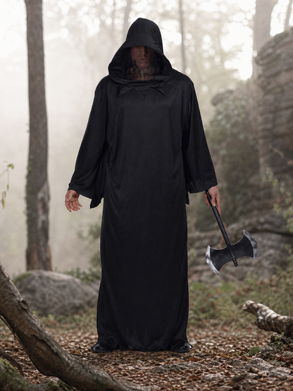 Dark fantasy costume with hood and axe lifestyle view 3