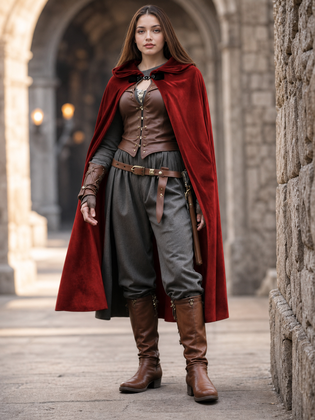 Burgundy Medieval Hooded Costume Cloak