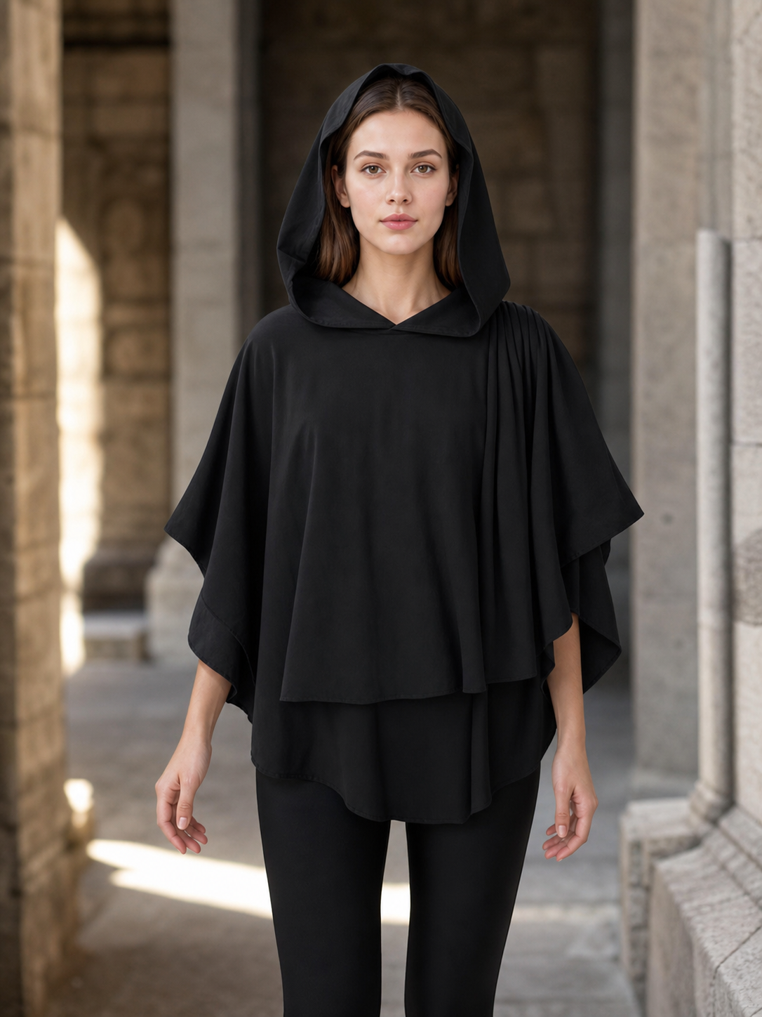 Women's Gothic Hooded Cape Cloak for Halloween Cosplay, Black Flowing Draped