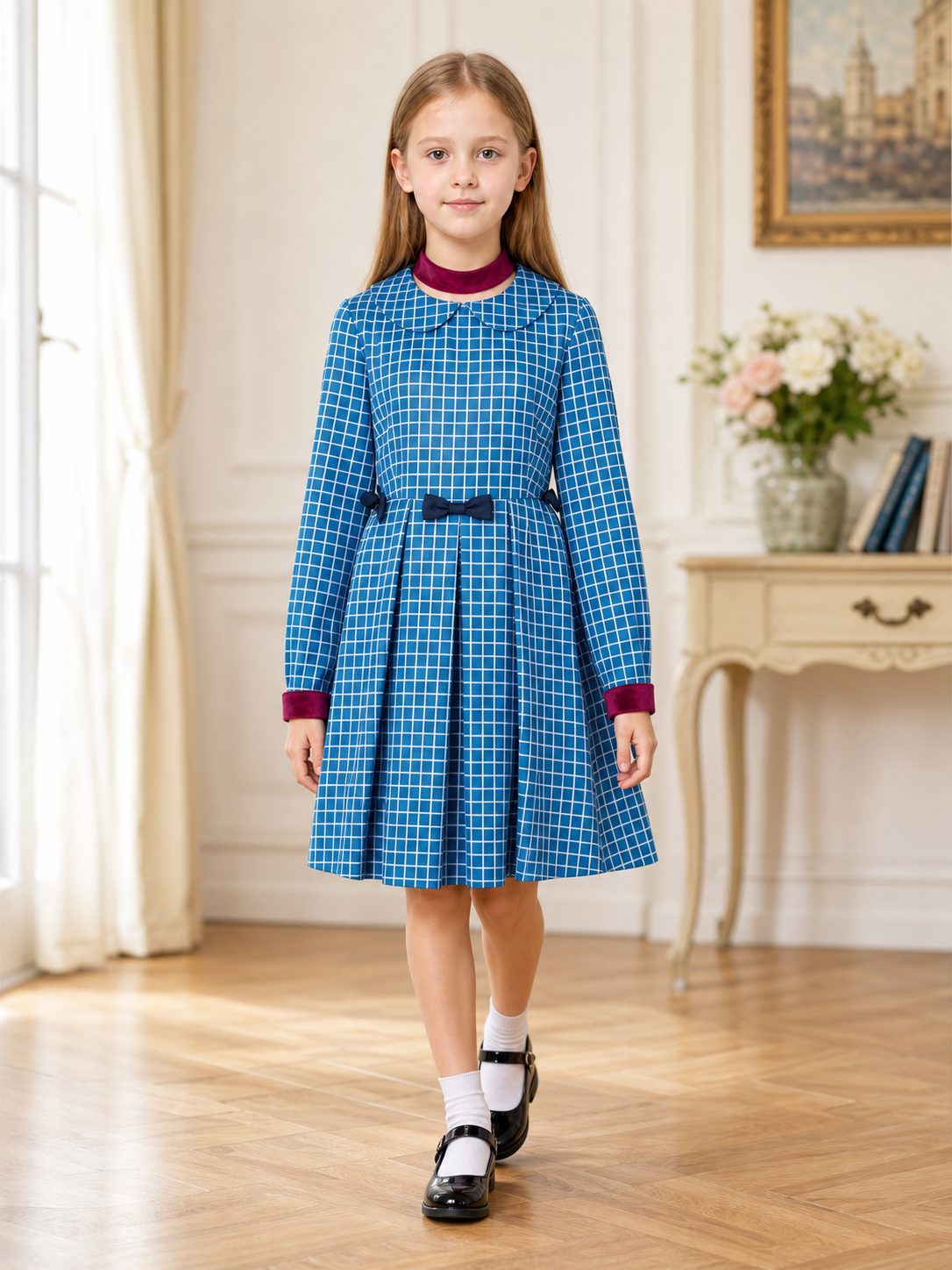 Esther from Orphan cosplay dress in blue plaid lifestyle view 3