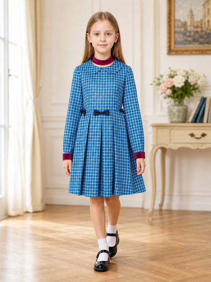 Esther from Orphan cosplay dress in blue plaid lifestyle view 3