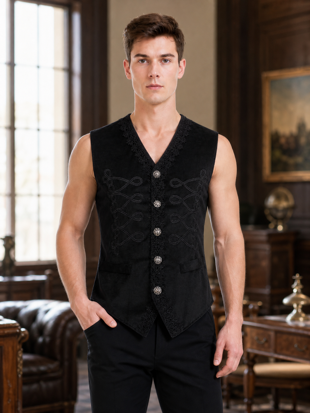 Decorative Embroidered Vest, Black, Vintage