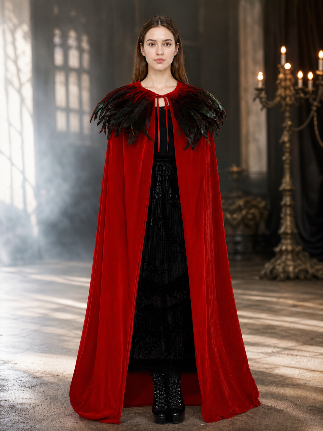 Red Velvet Cape with Feather Trim
