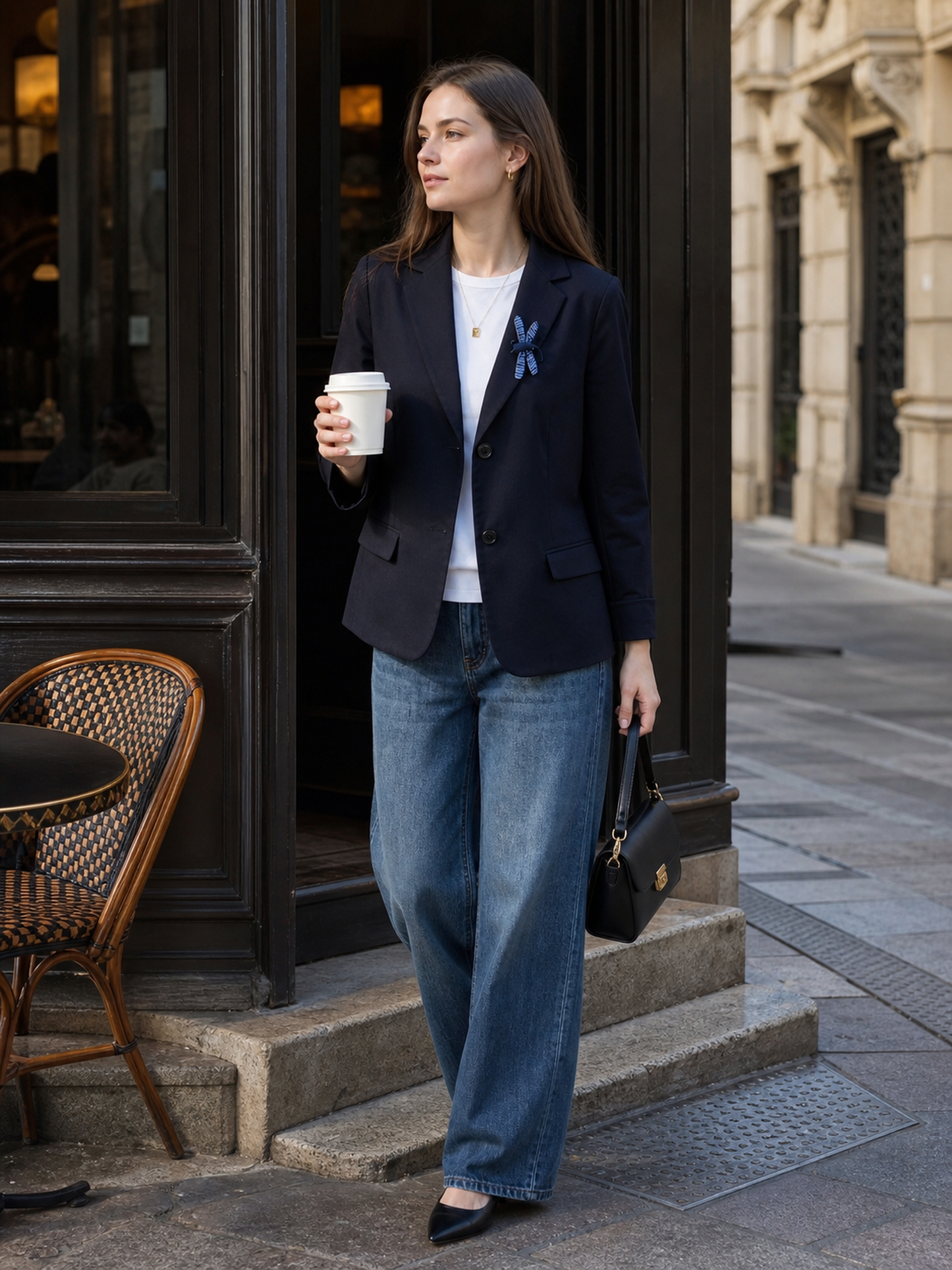 Women's black blazer with lapels and a tailored fit