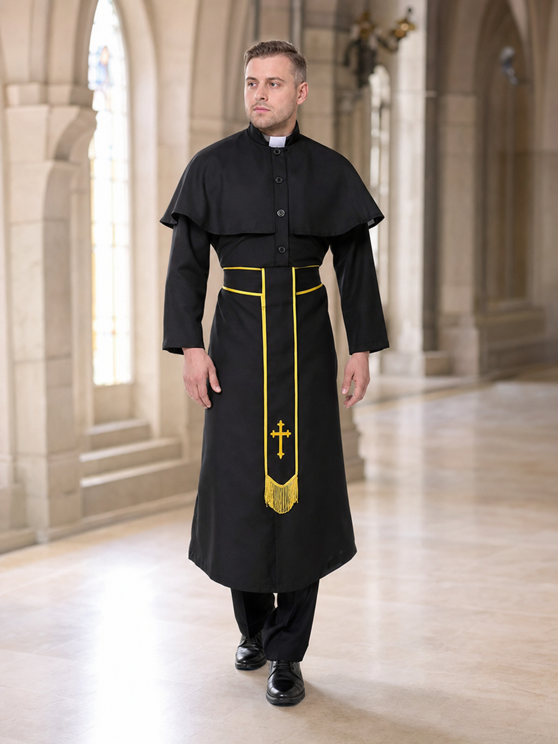 Vampire Costume: Black Robe with Belt and Cross