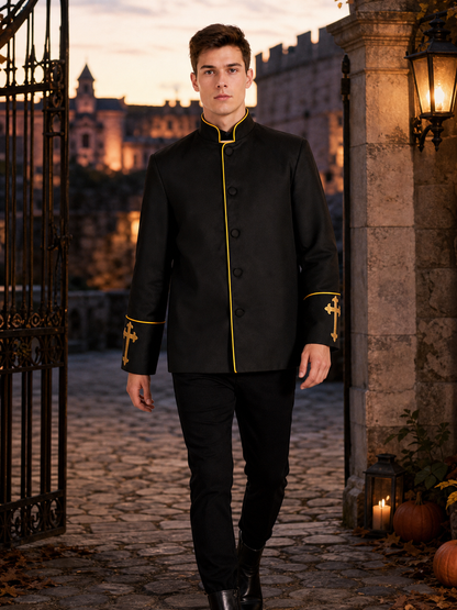 Black stand-collar jacket with gold trim