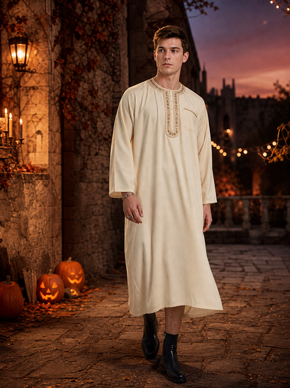 Men's Traditional Muslim Long Robe, Cream Ivory Ankle-Length Design with Embroidered Chest Placket and Long Sleeves for Formal Gatherings