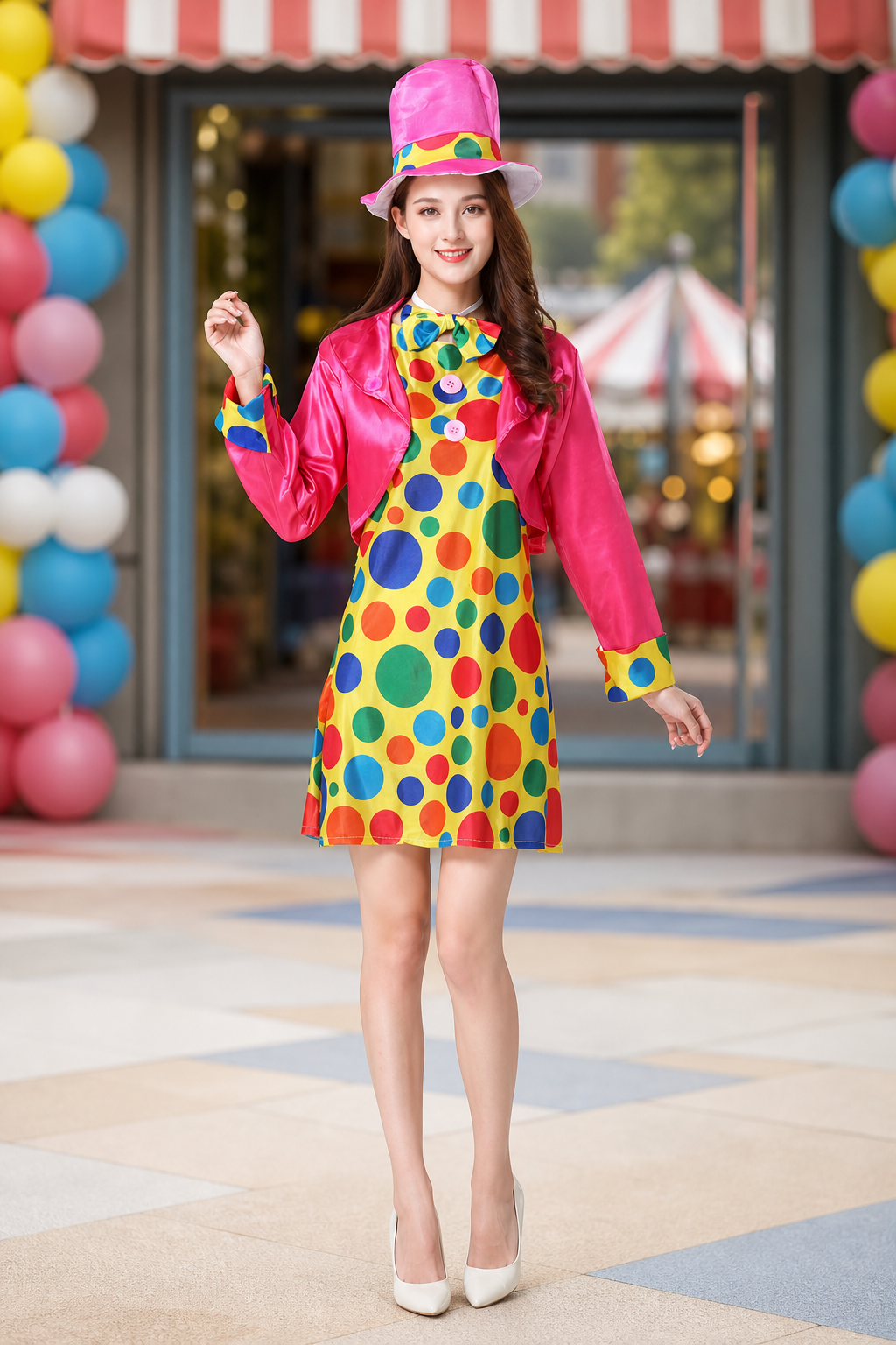 Masquerade clown costume with jacket, dress, and hat