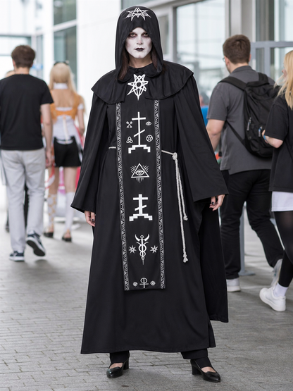 Gothic Black Hooded Robe with Symbols