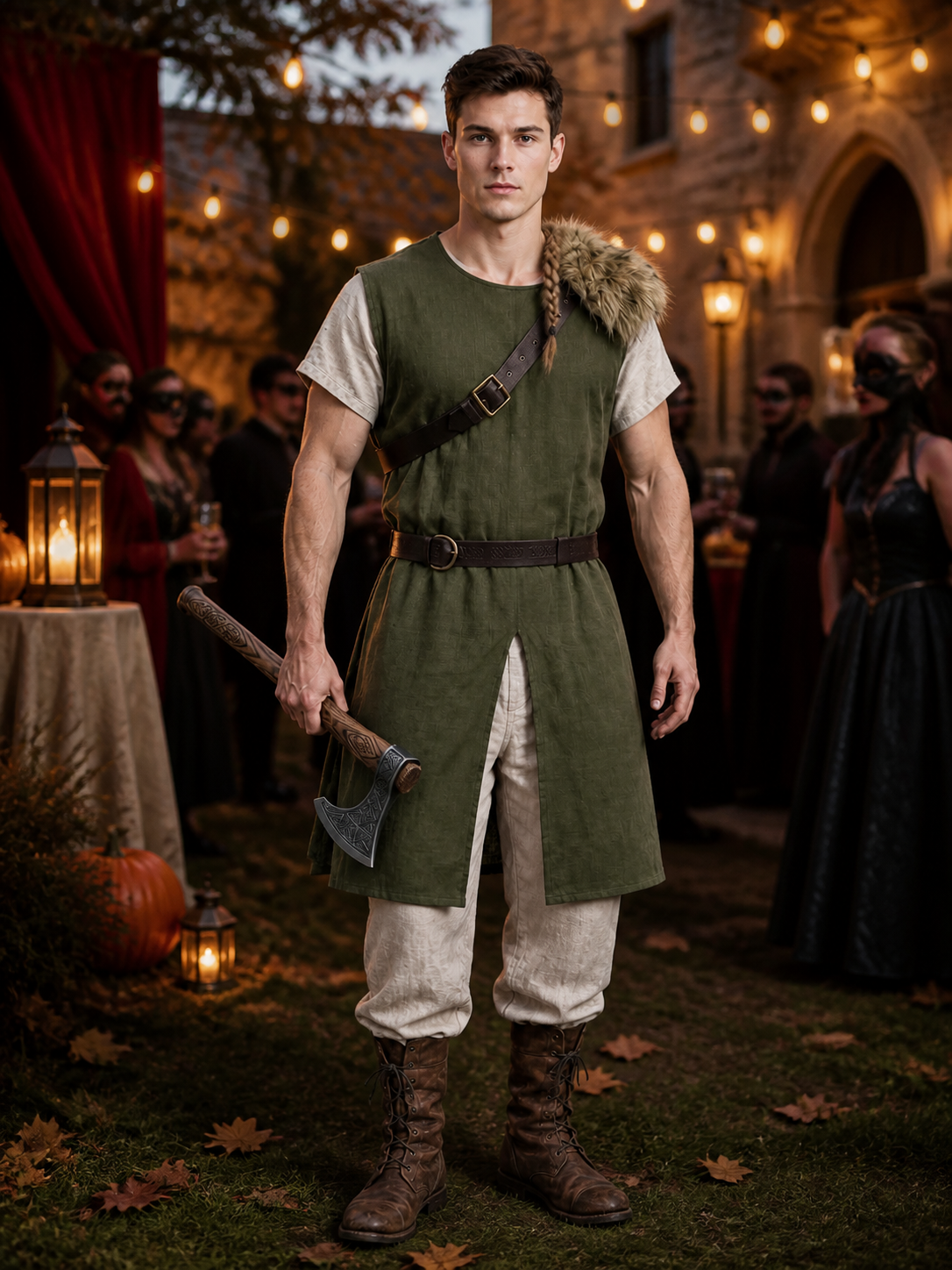 Full-body model wearing a green sleeveless vest with fur shoulder trim and belt at a dimly lit costume gathering