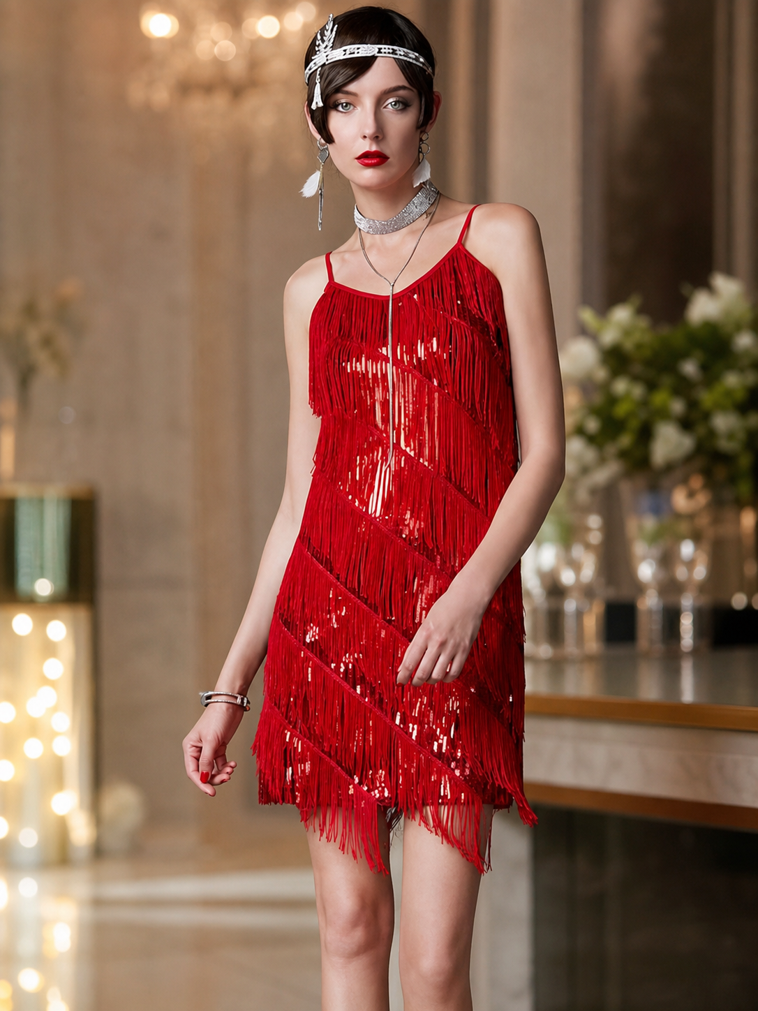 Red 1920s-style fringe party dress
