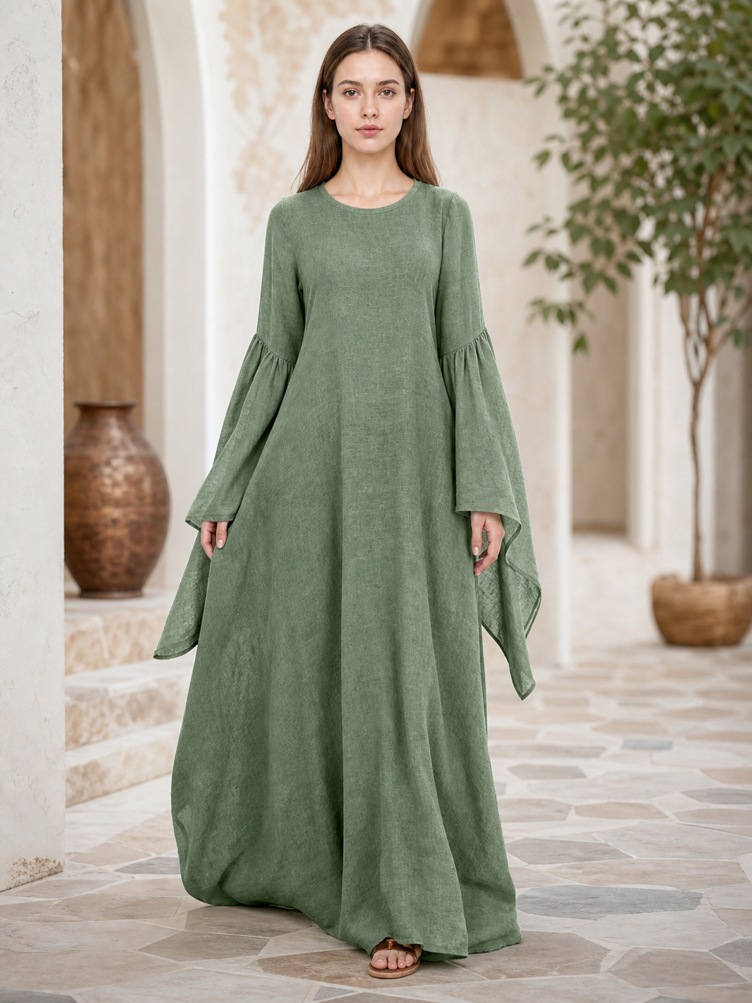 Long Green Retro-Style Belted Dress