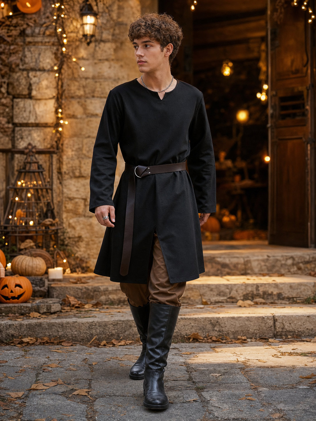 Black long loose-fit tunic in a fantasy style