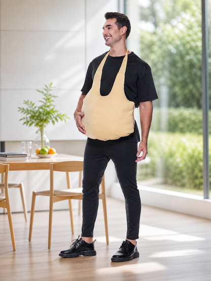 Wearable fake belly costume accessory with a large rounded shape. The model has a bib-style front panel, two shoulder straps, and side ties for fastening. The smooth solid-color surface comes in a light beige or beige shade, so the accessor