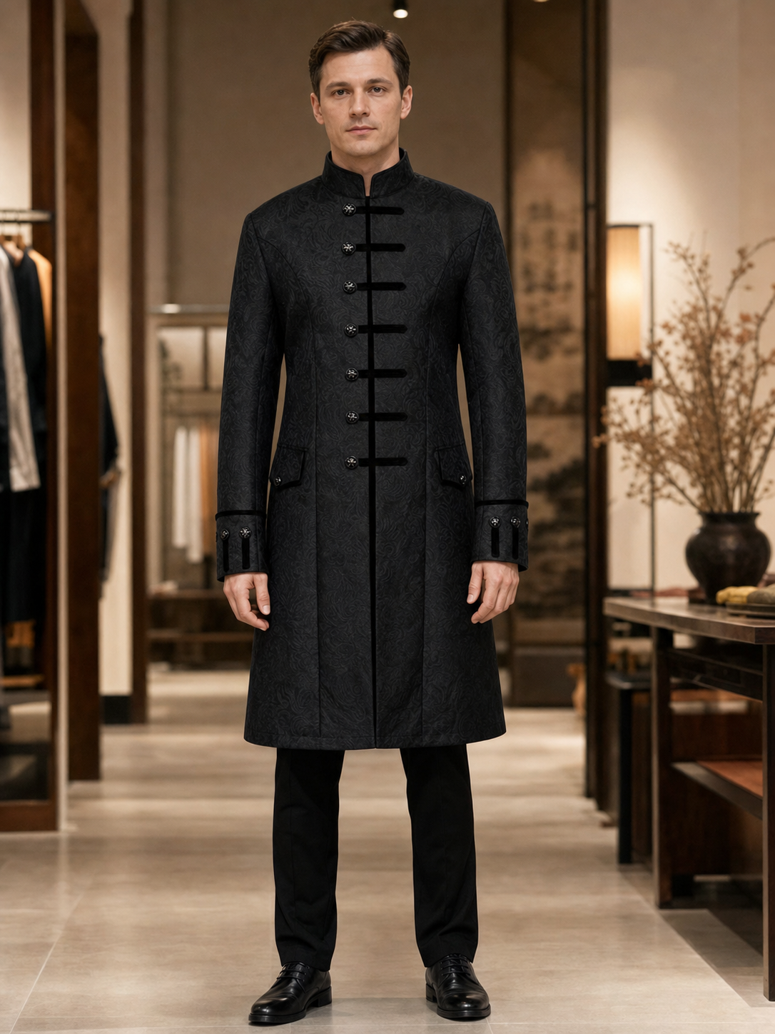 Long Black Jacquard Coat with Stand Collar