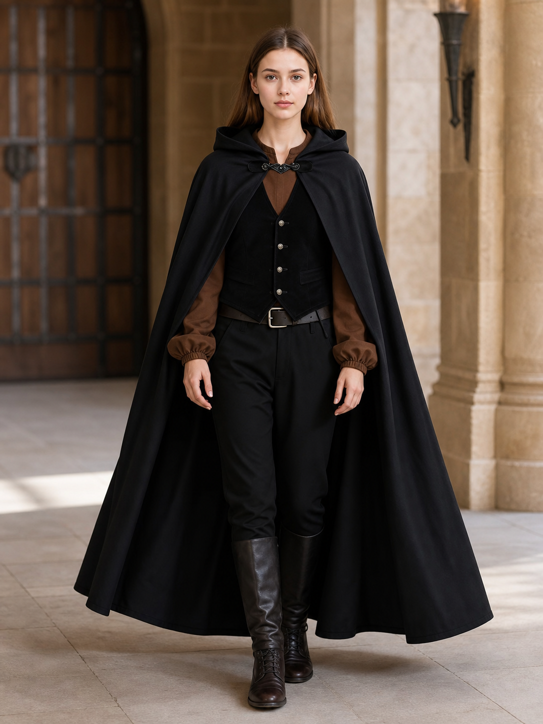 Long black hooded carnival cloak