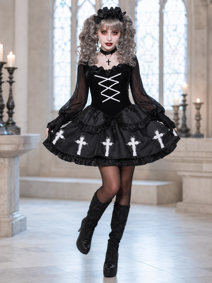 Gothic Dress with Crosses and a Pleated Headpiece