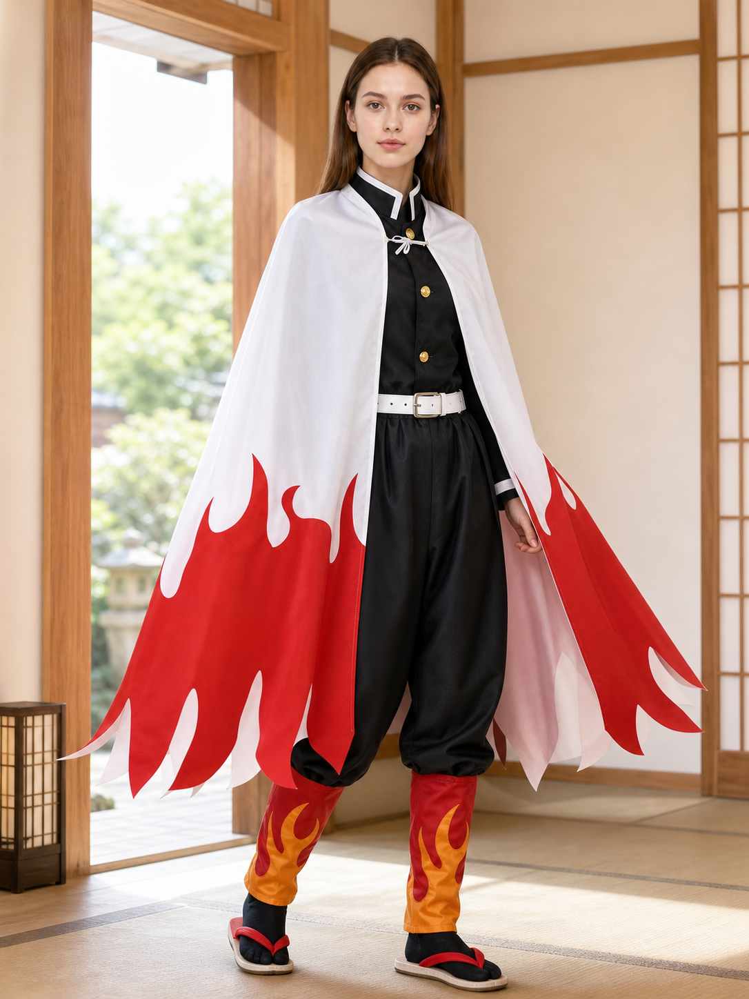 Anime cosplay costume with cape, belt, and leg warmers