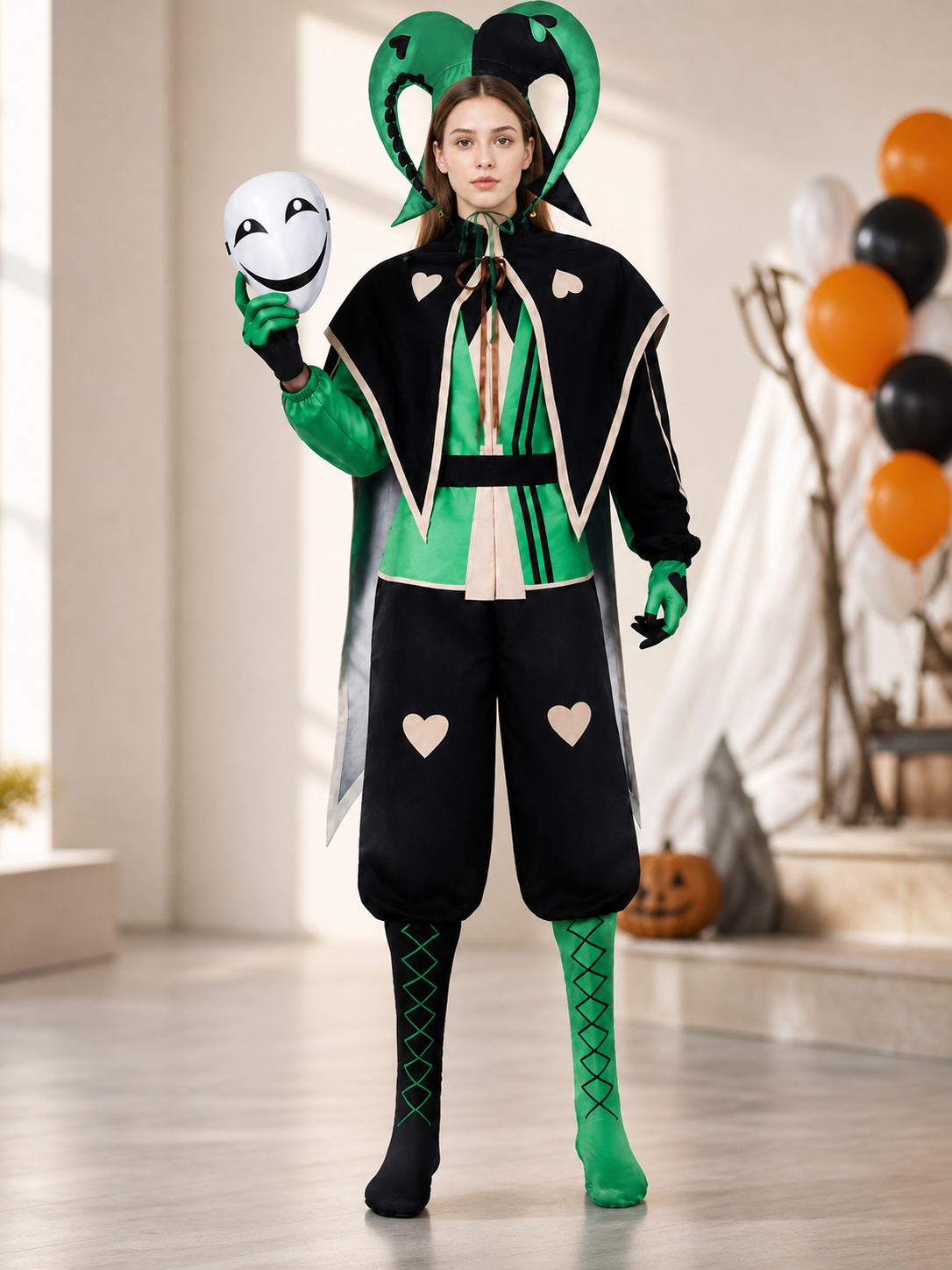 Theatrical clown jester costume in a black-and-green style for cosplay. The set is designed in an harlequin aesthetic and includes a black-and-green one-piece outfit with long sleeves, contrasting cream trim, and geometric panels. Heart-sha